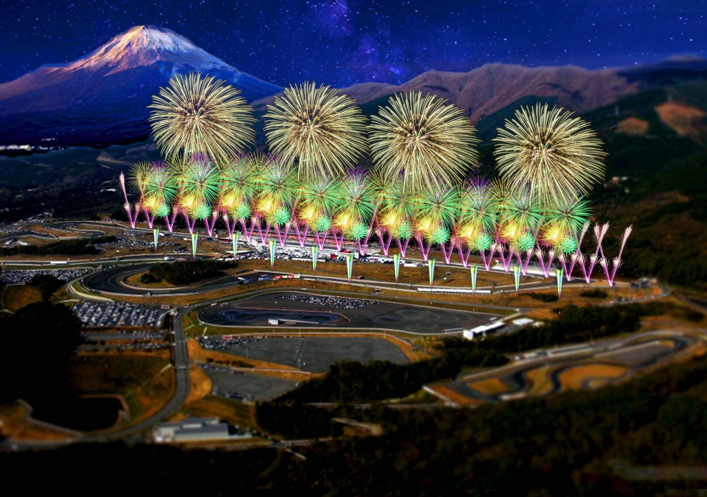 Iflyer 富士山 花火 モータースポーツのエキサイティングでド迫力な 劇場型花火 静岡県に位置する富士 スピードウェイにて22年11月5日 土 に初開催